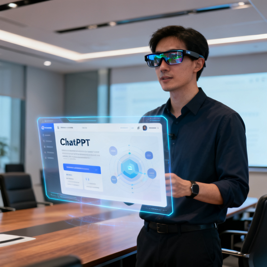 A concept image showing a presenter wearing smart glasses with ChatPPT interface reflected on the lens, a holographic AI路演 page floating in front of them, modern conference room setting, photorealistic, cinematic lighting, 8K resolution