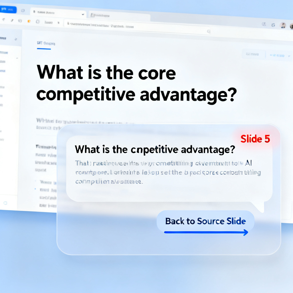 A web page showing a PPT slide with a chat interface overlay. A user question is displayed: "What is the core competitive advantage?" The AI response is shown below, with a highlighted page number and a visual link back to the source slide.