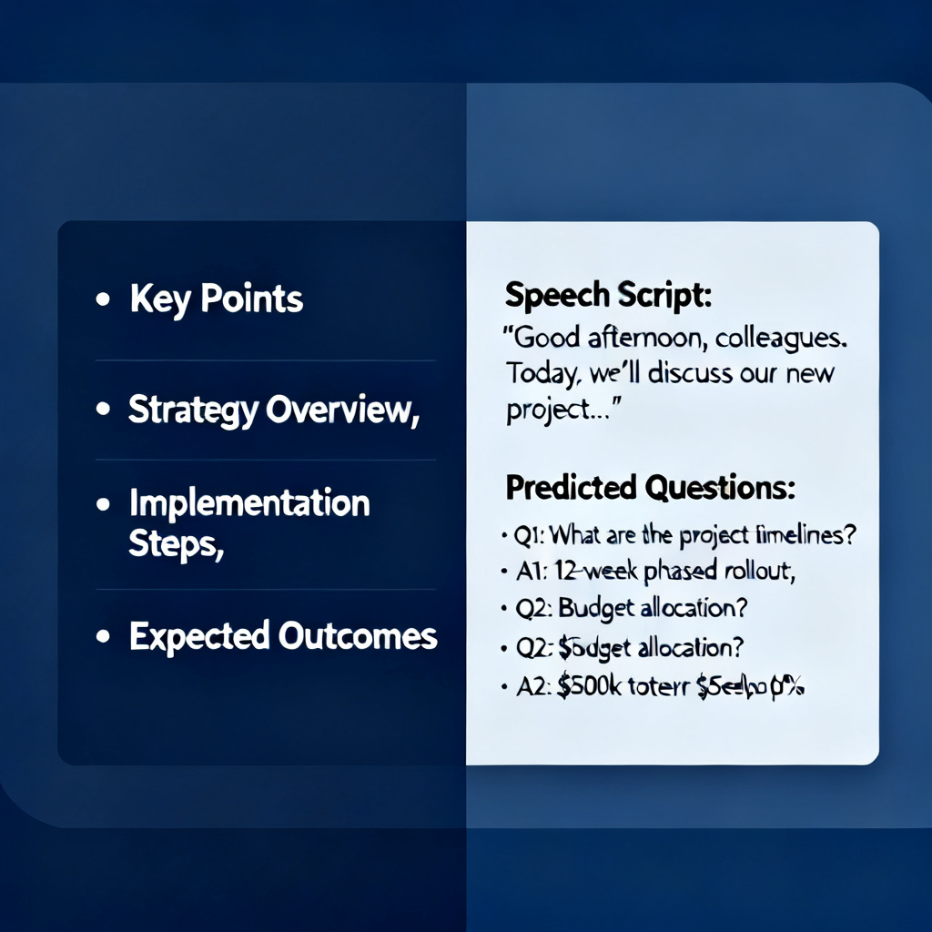 A split view: left side shows a slide with bullet points; right side shows a text panel with a speech script and a list of predicted questions with answers, all in a professional dark blue theme.