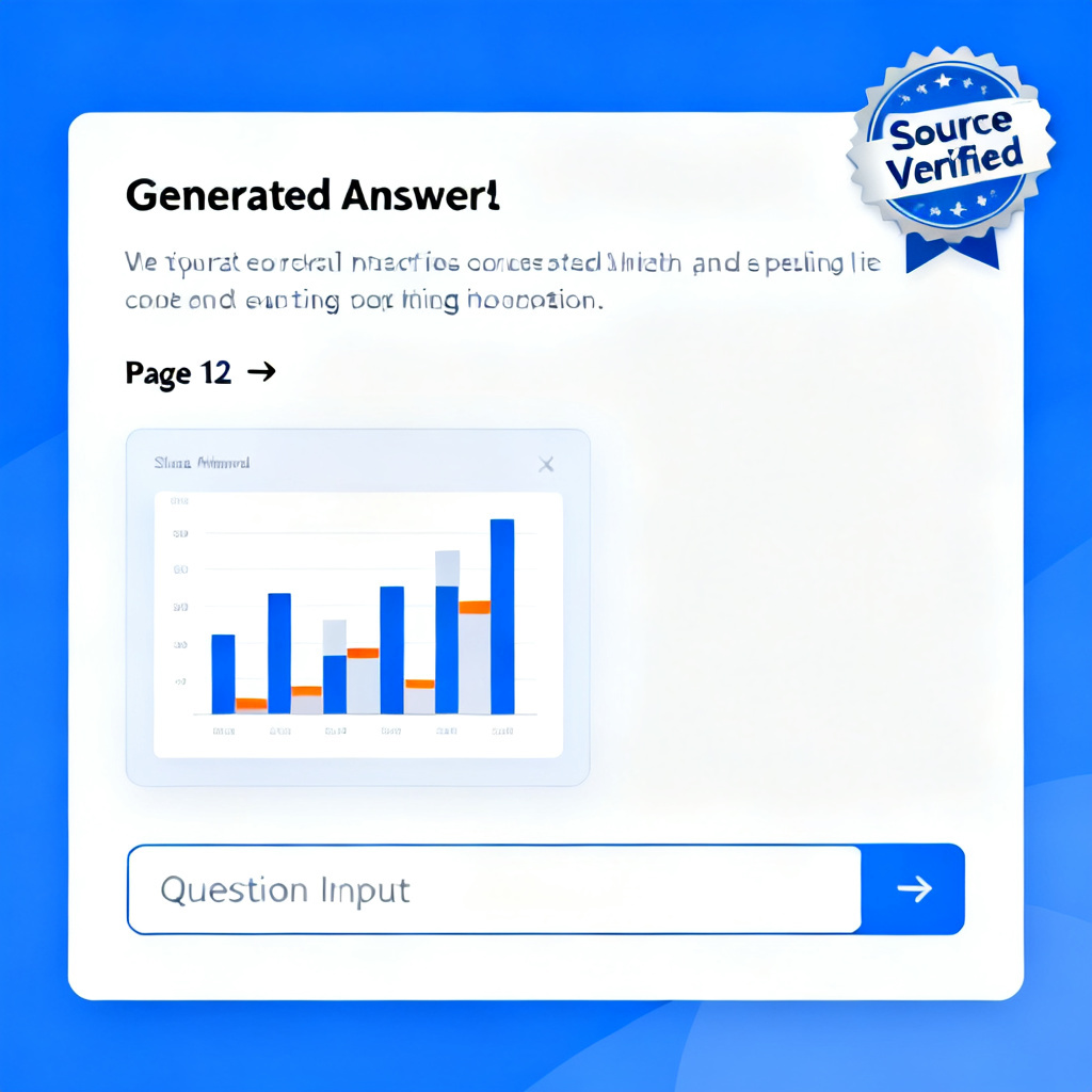 A user interface showing a question input box at the bottom, with a generated answer displayed above. The answer contains a hyperlinked page number "Page 12" with a small arrow icon. Next to it, a miniature slide thumbnail shows a bar chart with highlighted sections. The overall design is clean, with a professional blue-and-white color scheme and a "Source Verified" badge.