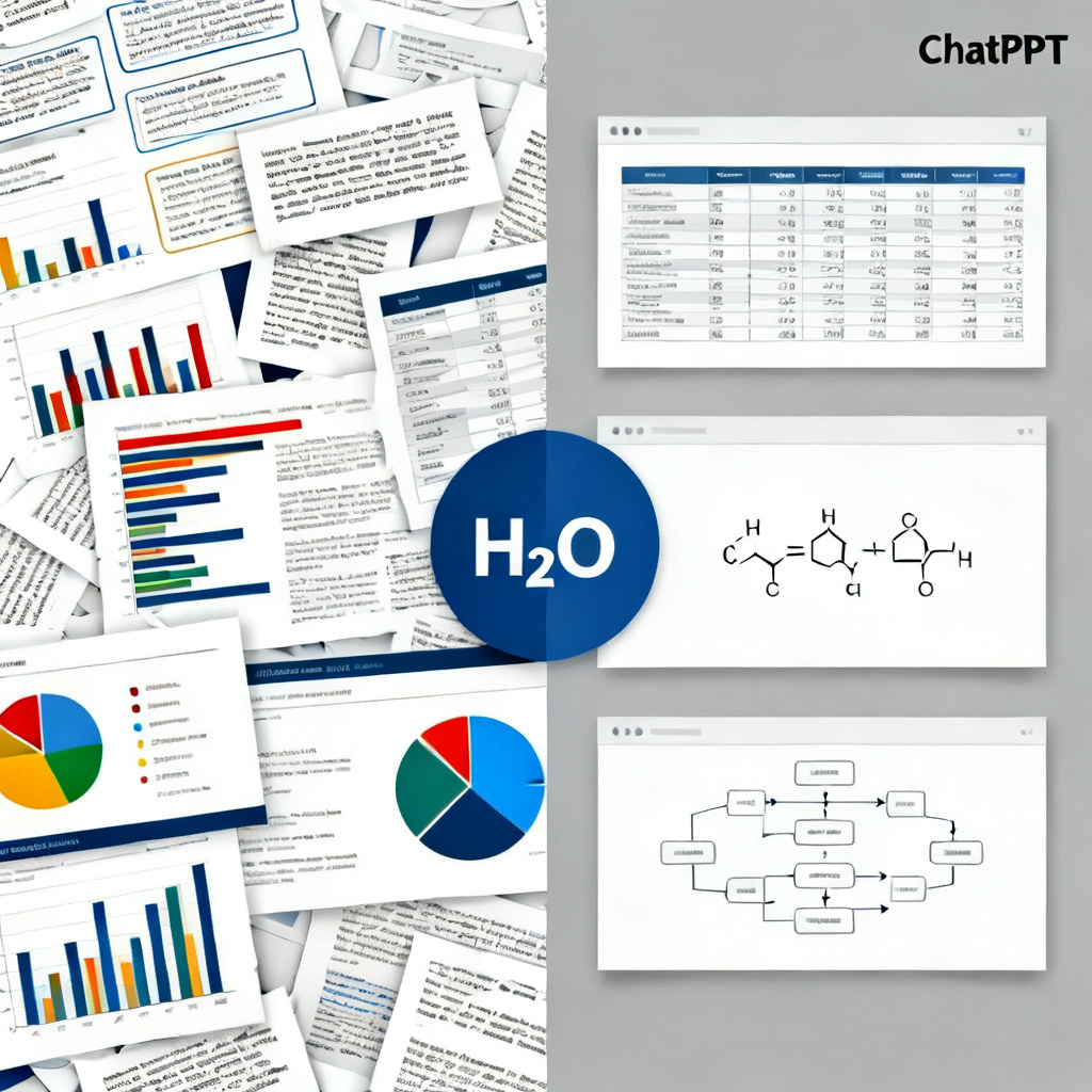 A split screen comparison: on the left, a messy, unformatted academic slide with text overflow and misaligned charts; on the right, a clean, professionally formatted slide with well-aligned data tables, chemical formulas, and a flowchart, labeled 'ChatPPT'