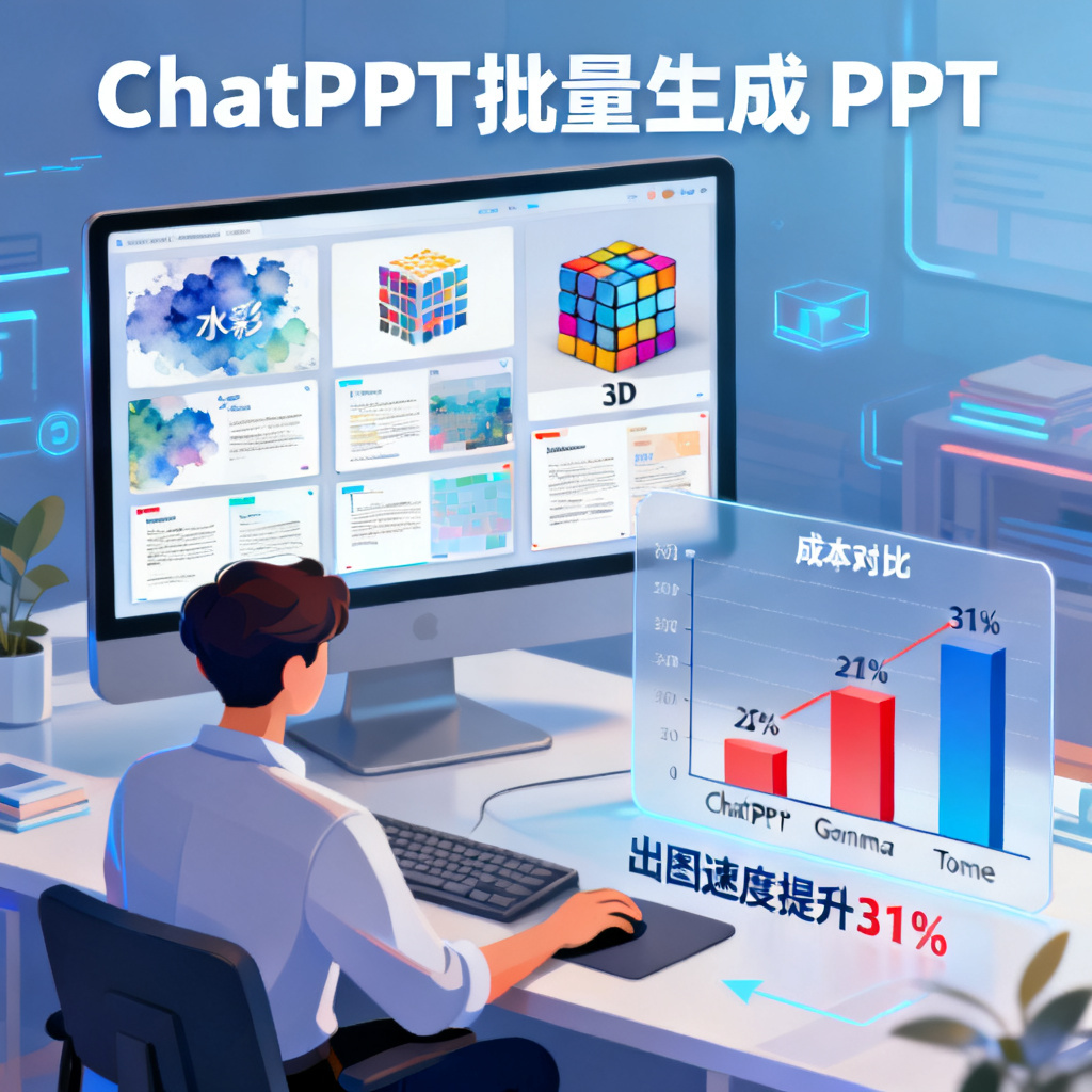 一个职场人正在使用ChatPPT批量生成PPT，屏幕上显示多个页面预览，风格各异（水彩、像素、3D），旁边有成本对比图表，显示ChatPPT的成本远低于Gamma和Tome，并标注“出图速度提升31%”