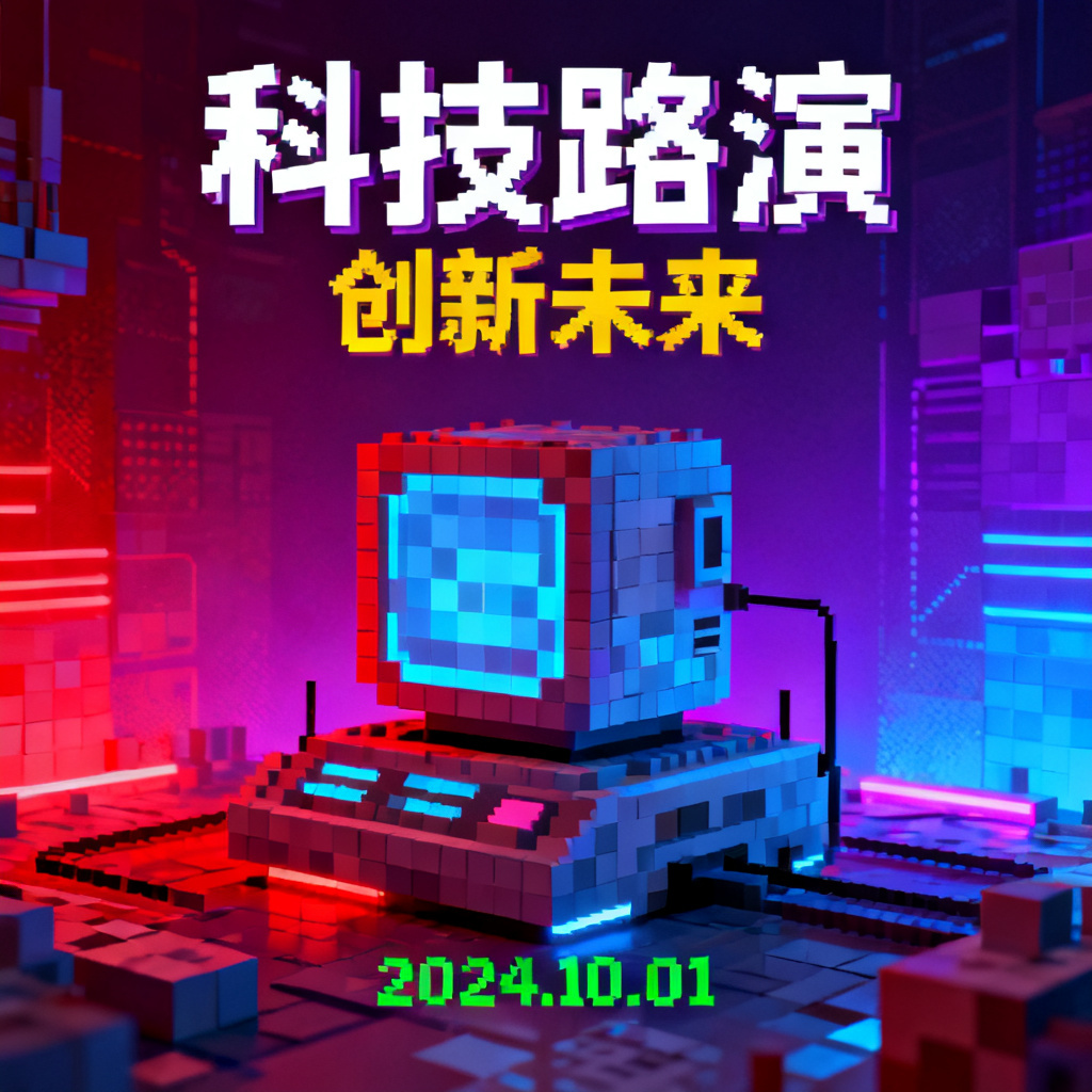 我的世界像素风格的科技路演PPT页面，方块元素，霓虹配色，清晰可读