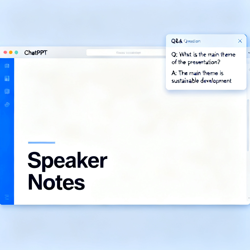A screenshot of ChatPPT interface showing a slide with 'Speaker Notes' and a pop-up window listing potential Q&A questions with answers.