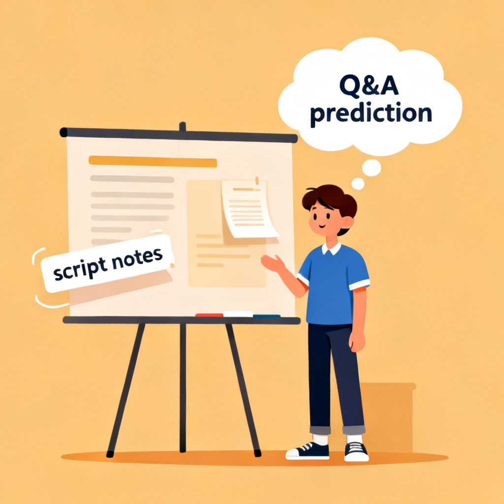 A student presenting a research slide, with a thought bubble showing 'Q&A prediction' and 'script notes' floating next to the slide. Style: flat illustration, warm colors, friendly.
