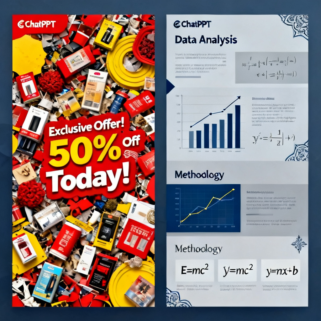 A comparison of two slides: one with messy, marketing-style layout vs. one with clean, academic-style layout including charts and formulas, labeled 'ChatPPT'