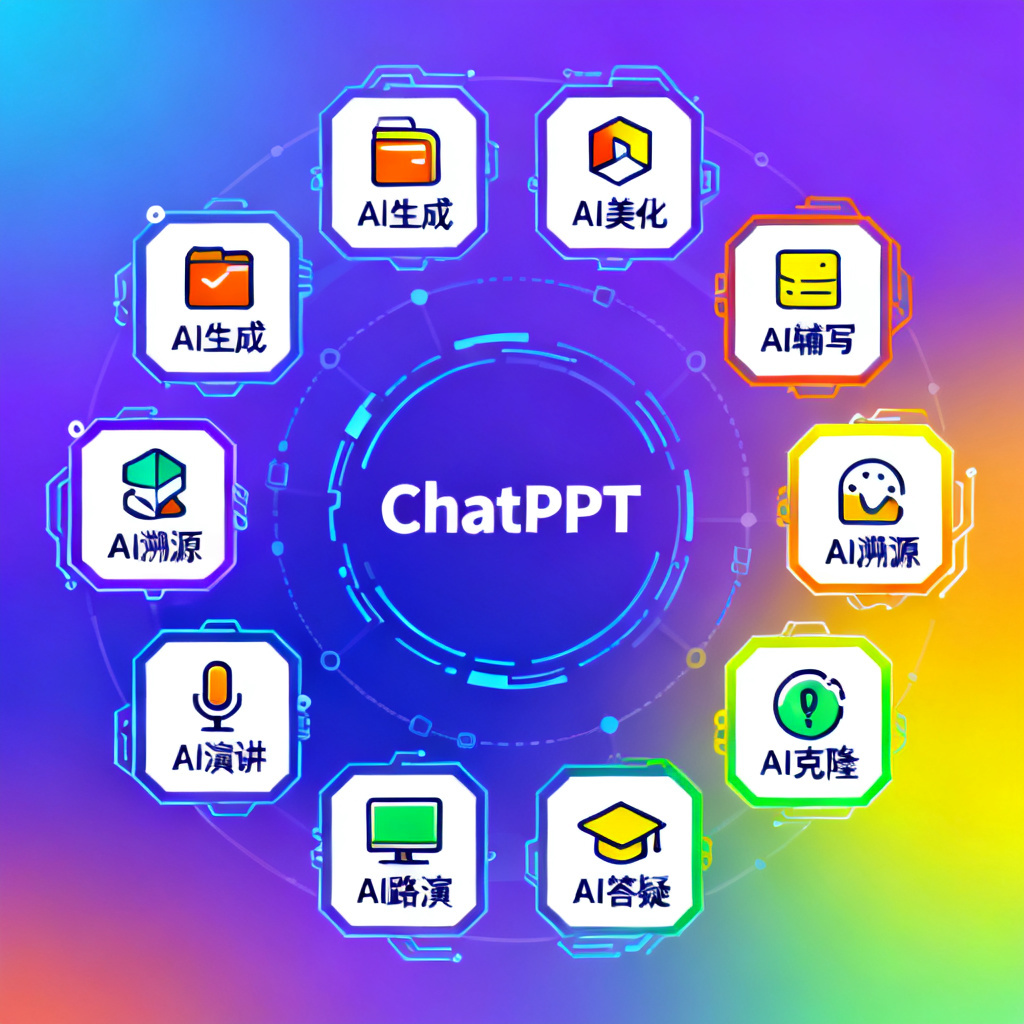 一张信息图表风格的设计，展示ChatPPT的8大核心模块：AI生成、AI美化、AI辅写、AI溯源、AI演讲、AI路演、AI答疑、AI克隆。每个模块用图标表示，整体排列成圆形结构，中心是ChatPPT品牌标识。色彩丰富，科技感强。