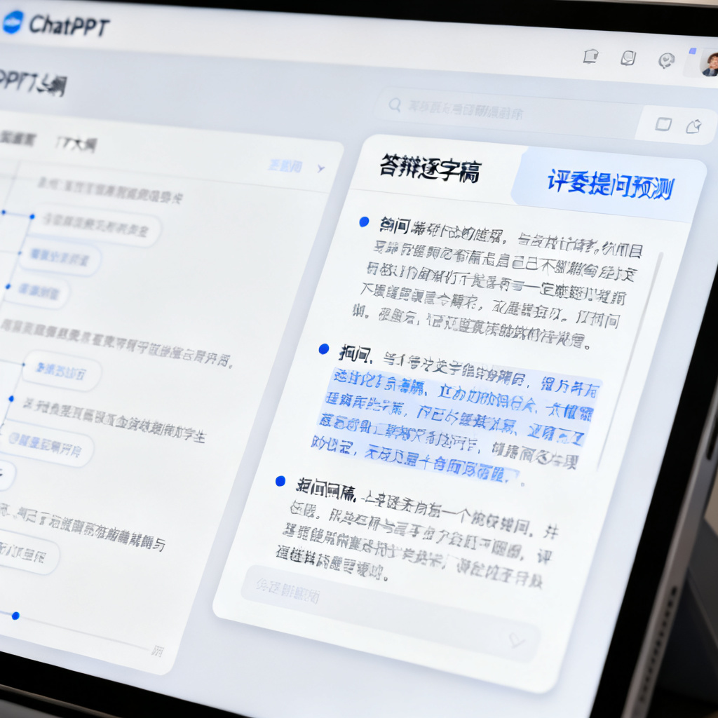 屏幕截图特写：ChatPPT界面中，左侧显示PPT大纲，右侧显示“答辩逐字稿”与“评委提问预测”面板，提问内容专业且具体，体现全链路辅助功能