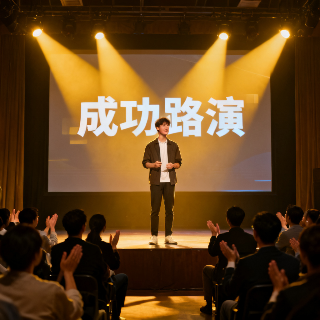 一位年轻男性在舞台上自信演讲，背后大屏幕显示成功路演的字样，台下观众鼓掌，聚光灯照亮，气氛热烈，写实风格
