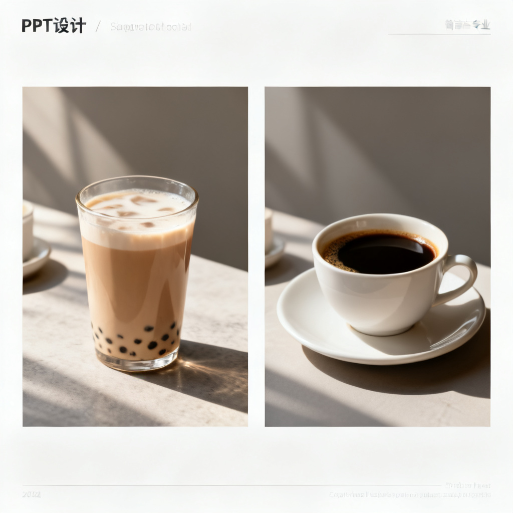 同一页PPT中，左边是一杯奶茶，右边被替换成咖啡，周围光影和材质完美融合，展示局部重绘效果，画面简洁专业