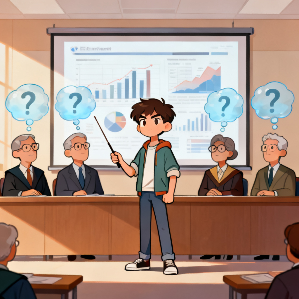 A confident student presenting in front of a panel of professors, with a slide showing complex data, and thought bubbles with question marks above the professors' heads, illustration style