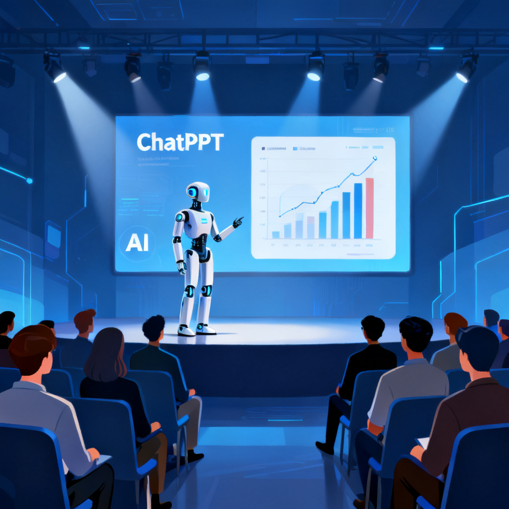 一个智能数字人正在通过ChatPPT进行AI路演，观众在认真聆听