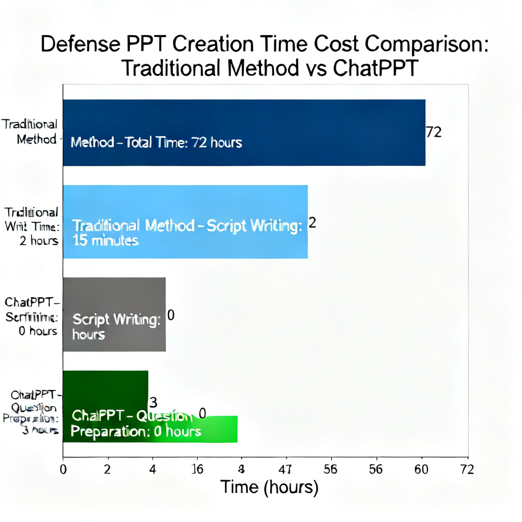 A data visualization bar chart comparing the time cost of creating a defense PPT using traditional methods vs using ChatPPT. The traditional method shows 3 days (72 hours) while ChatPPT shows 15 minutes. Additional bars show the time saved for script writing (2 hours vs 0 hours) and question preparation (3 hours vs 0 hours).