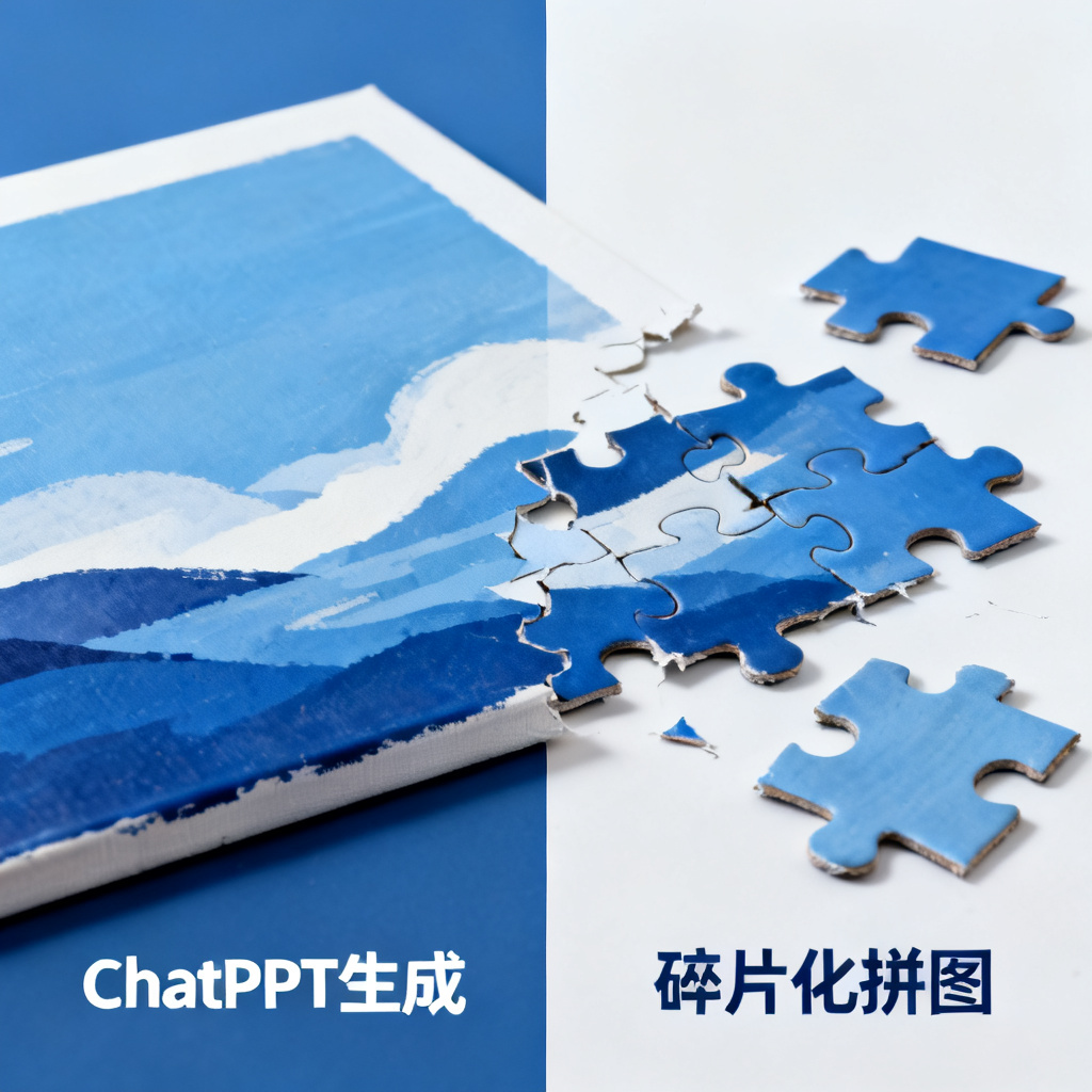 一张创意画布与拼图对比图，左侧是ChatPPT生成的完整画布，右侧是碎片化拼图