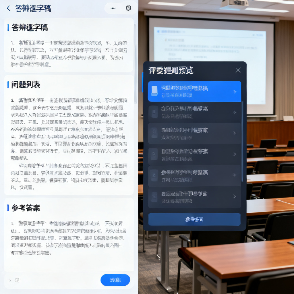 一张ChatPPT界面截图，左侧显示答辩逐字稿文本，右侧显示评委提问预览窗口，包含问题列表与参考答案，背景为模拟答辩现场