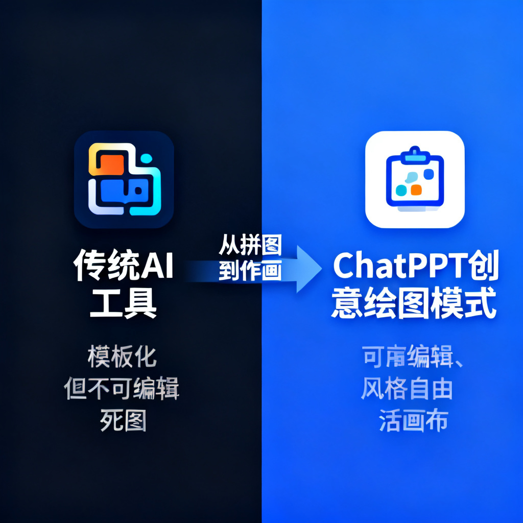 一张总结性信息图，左侧为“传统AI工具”图标（代表模板化、不可编辑的“死图”），右侧为“ChatPPT创意绘图模式”图标（代表可编辑、风格自由的“活画布”），中间用箭头连接，箭头标注“从拼图到作画”