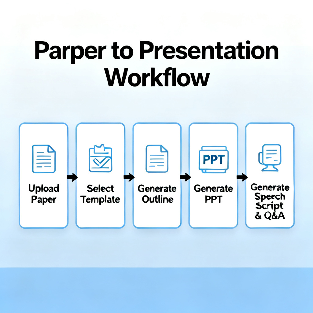 A step-by-step workflow diagram showing the process from paper input to final presentation: Upload Paper -> Select Template -> Generate Outline -> Generate PPT -> Generate Speech Script & Q&A