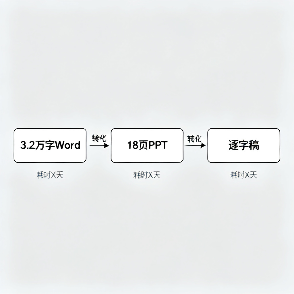 毕业论文答辩流程图解，从3.2万字Word到18页PPT再到逐字稿，全程耗时标注，简洁线条风格