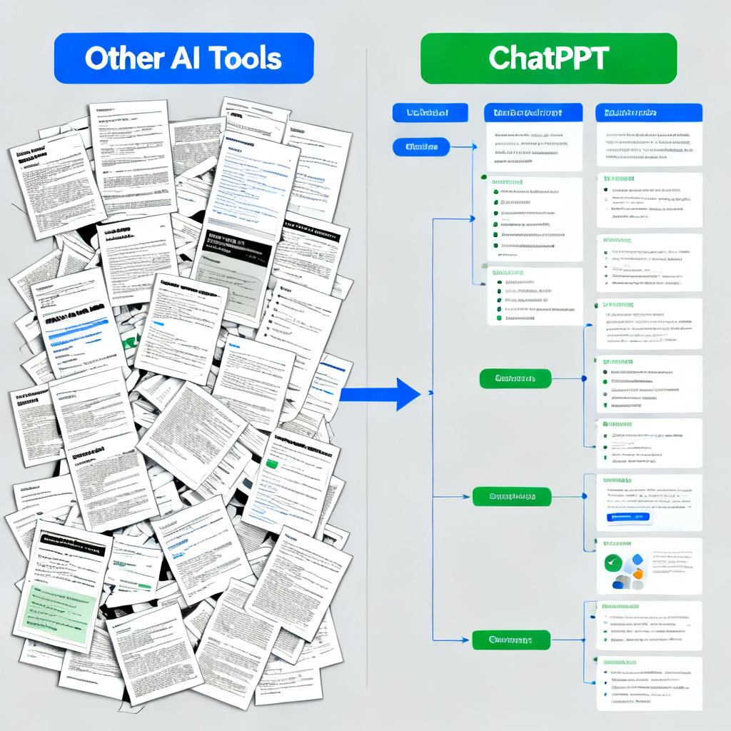A side-by-side comparison showing a messy, chaotic AI-generated slide structure on the left (labeled "Other AI Tools") vs. a clean, logically organized slide structure on the right (labeled "ChatPPT"), with arrows indicating how the tool restructures a dense academic paper into a coherent presentation flow