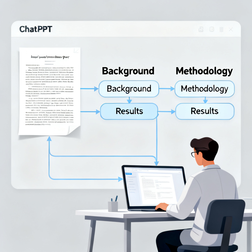A researcher pasting a lengthy academic paper into ChatPPT interface, the AI extracting key sections like background, methodology, results, and auto-generating a structured outline for a presentation. Visual style: clean, modern, with data flow diagrams.