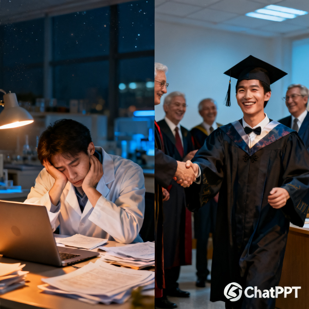 A split-screen montage: left side shows a researcher working late at night surrounded by papers and a laptop, looking exhausted; right side shows the same researcher joyfully shaking hands with professors in a graduation gown, with a subtle ChatPPT logo watermark in the bottom corner, cinematic style