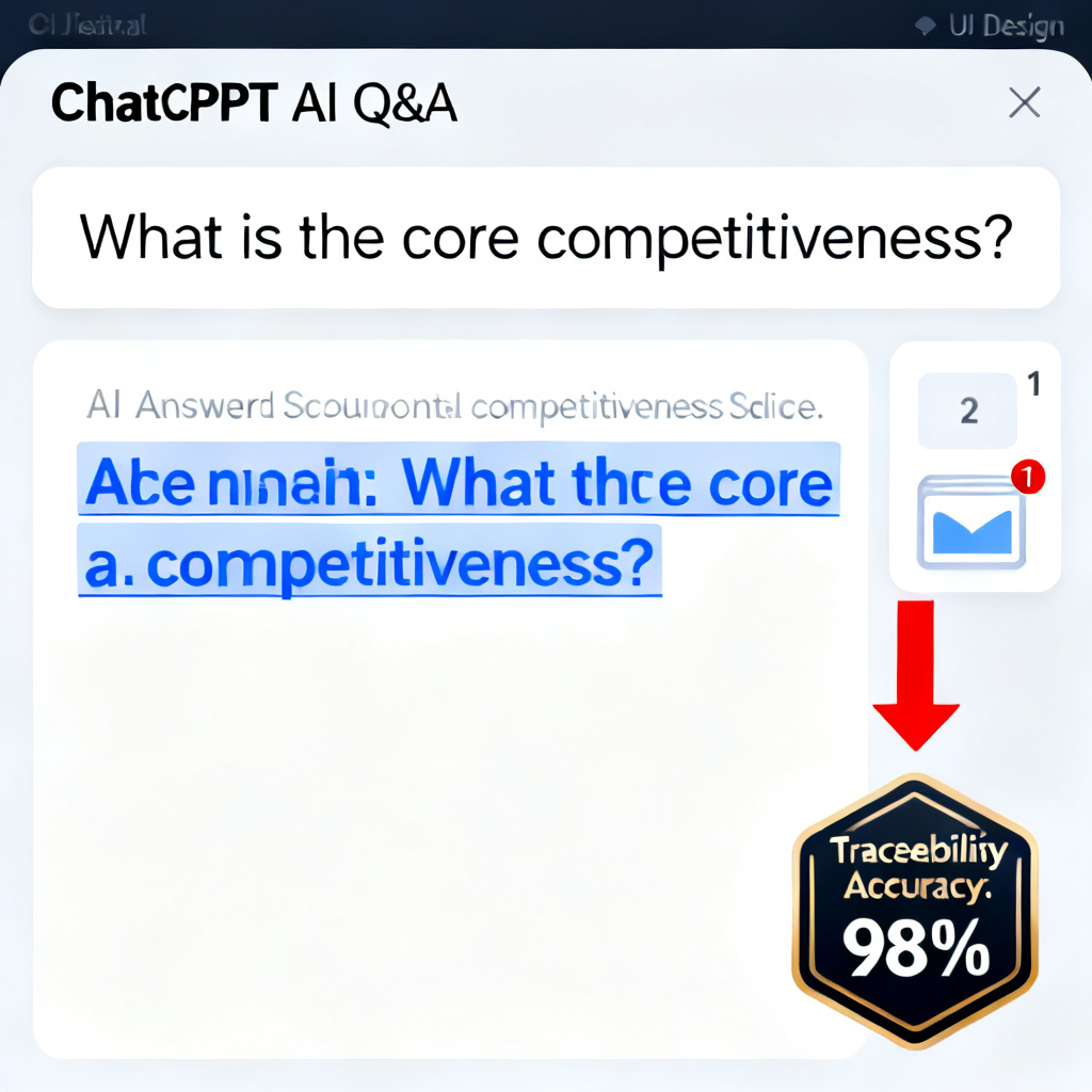 A screenshot of ChatPPT's AI Q&A interface. A user question "What is the core competitiveness?" is displayed. The AI answer is highlighted, and a red arrow points to a numbered slide thumbnail showing the answer source. "Traceability Accuracy: 98%" badge is visible.