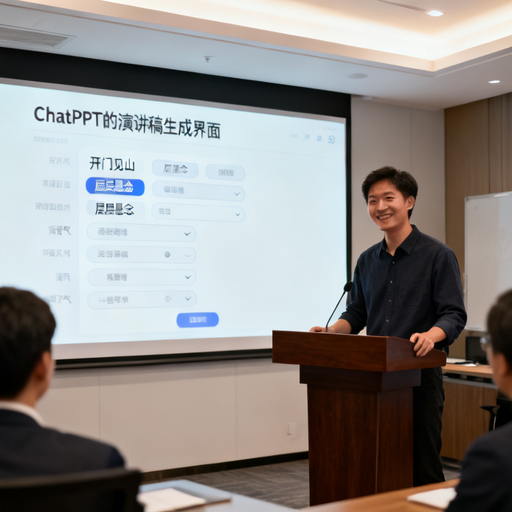 一个职场人站在演讲台前，面前是投影屏幕，屏幕上显示ChatPPT的演讲稿生成界面，界面中有多种语气风格选项（如“开门见山”、“层层悬念”），人物表情自信，背景是会议室。