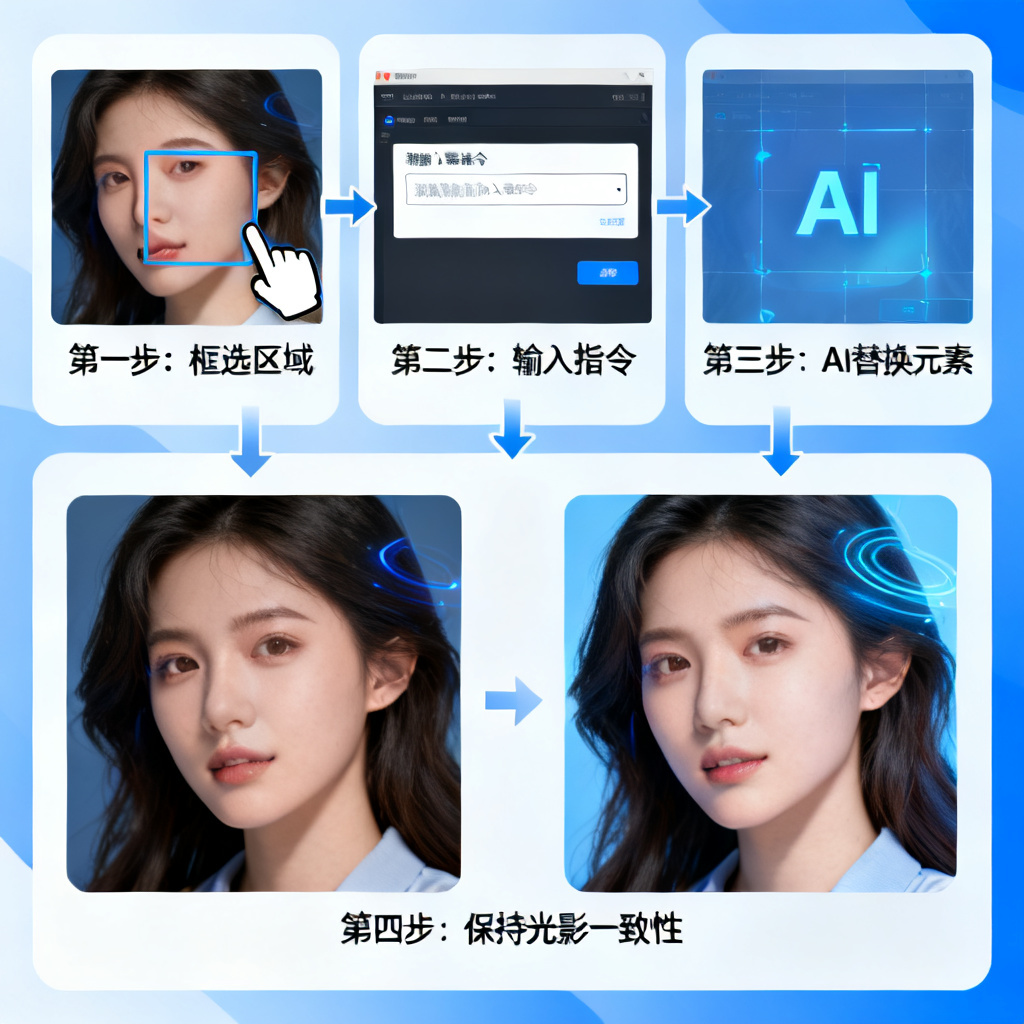 局部重绘过程，框选区域，输入指令，AI替换元素，保持光影一致性，前后对比
