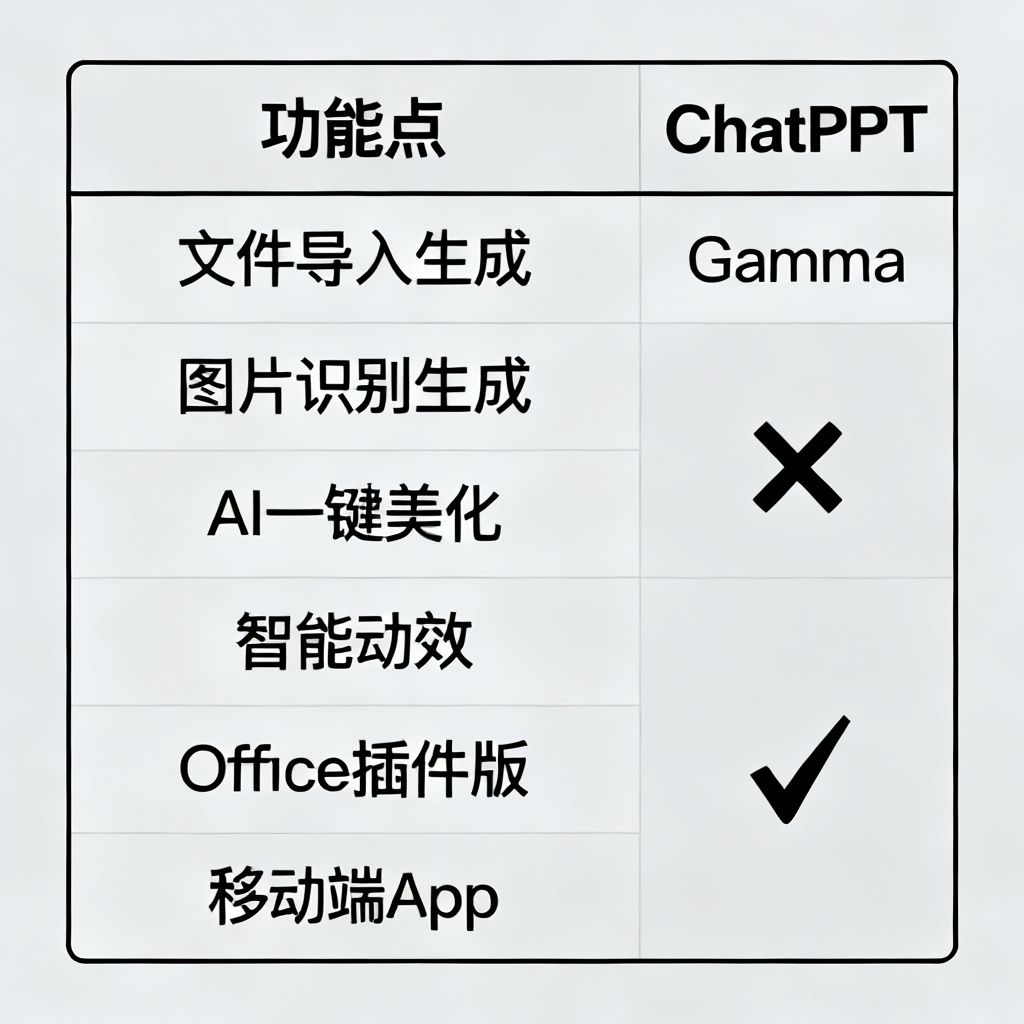 一张对比表格，左侧列出“文件导入生成”“图片识别生成”“AI一键美化”“智能动效”“Office插件版”“移动端App”六个功能点，右侧Gamma对应列全部打叉，ChatPPT对应列全部打勾