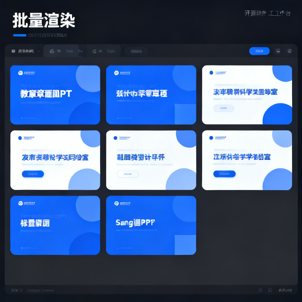 一个扁平化风格的开源软件工作台界面，显示批量渲染功能正在同时生成6张不同章节标题页的PPT缩略图，所有页面都保持统一的品牌蓝色与圆角几何图形设计