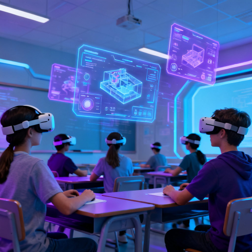 一个未来风格的教室，学生们戴着VR头显，虚拟屏幕悬浮在空中，展示着3D模型和交互界面，整体色调以蓝色和紫色为主，科技感十足