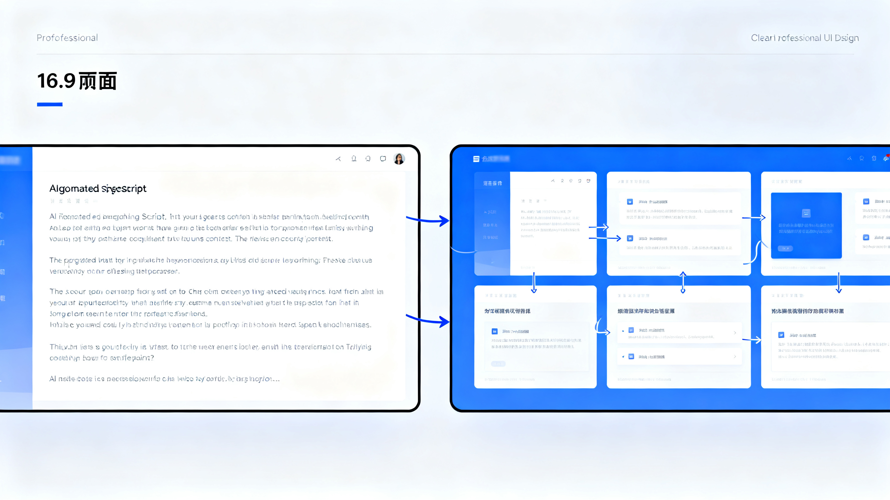 A split-screen digital interface showing AI-generated speech script alongside presentation slides, with logical flow arrows connecting each slide to its corresponding script section, clean professional UI design, blue and white color scheme, 16:9 aspect ratio