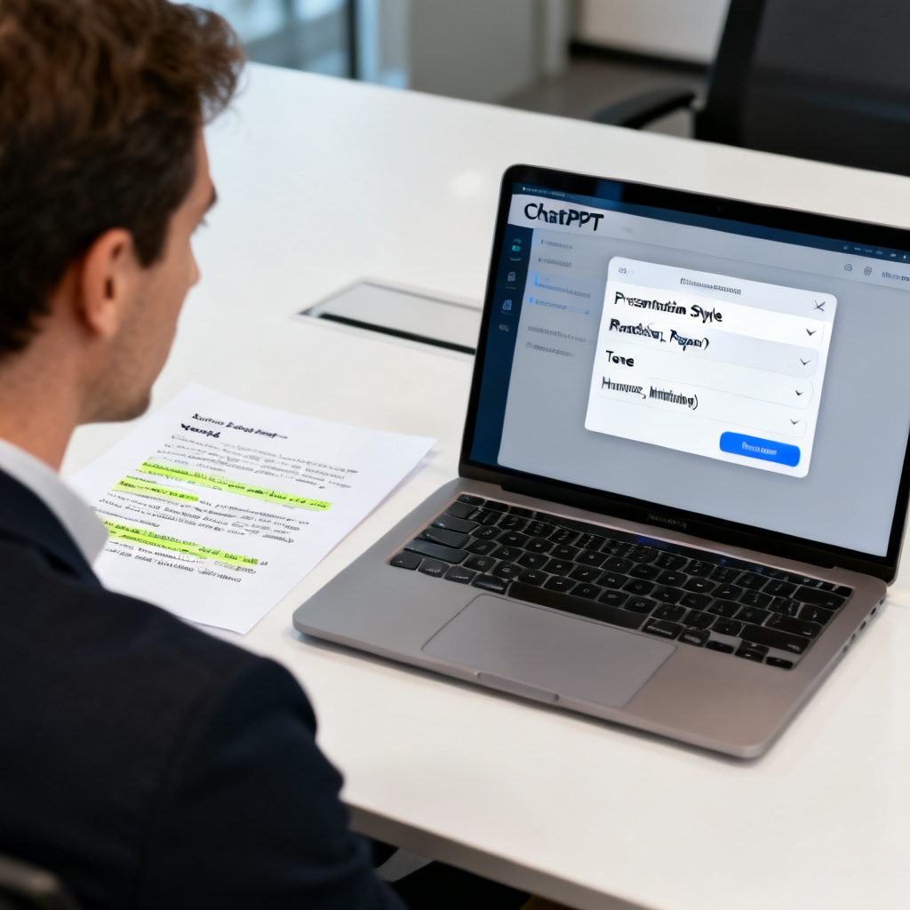 A professional user in a modern office setting, looking at a laptop screen displaying ChatPPT's speech generation interface. The interface shows a dropdown menu for selecting "Presentation Style" (e.g., Roadshow, Report) and "Tone" (e.g., Humorous, Authoritative). Next to the screen, a printed script with highlighted sentences is visible. The scene is well-lit, clean, and focused on productivity.