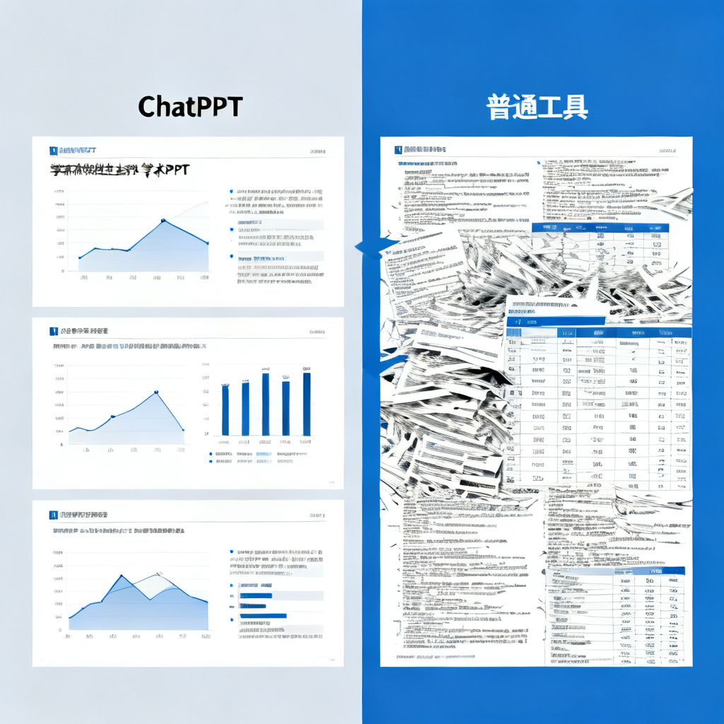 对比图:左侧为ChatPPT生成的学术PPT,页面布局清晰,数据图表规范,文字简洁;右侧为普通工具生成的PPT,内容混乱,排版拥挤,数据堆积