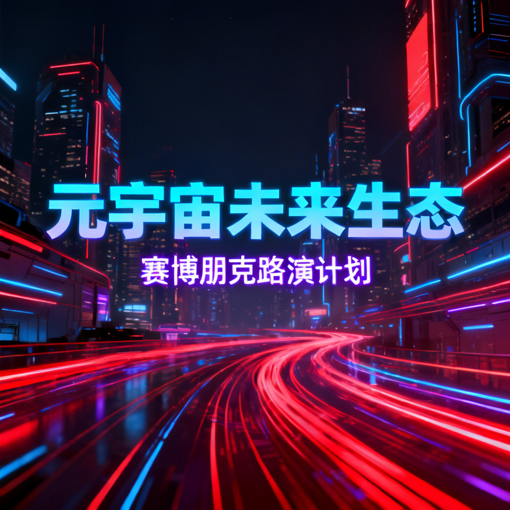 赛博朋克风格的元宇宙路演PPT，霓虹灯光，未来城市背景，动态线条，科技感十足