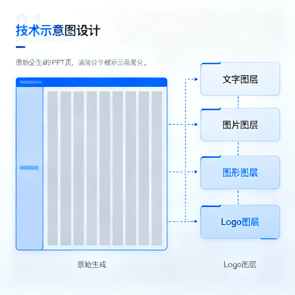 一个技术示意图,展示ChatPPT的图层分离过程:左侧是原始生成的PPT页面,右侧被拆解为文字图层、图片图层、图形图层与Logo图层,每个图层独立显示。