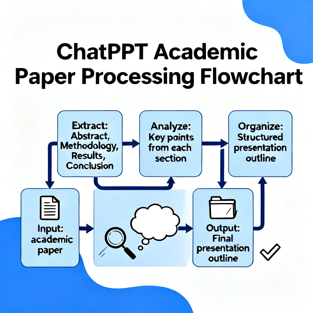A flowchart showing how ChatPPT processes a long academic paper, extracting key sections like abstract, methodology, results, and conclusion, and generating a structured presentation outline.