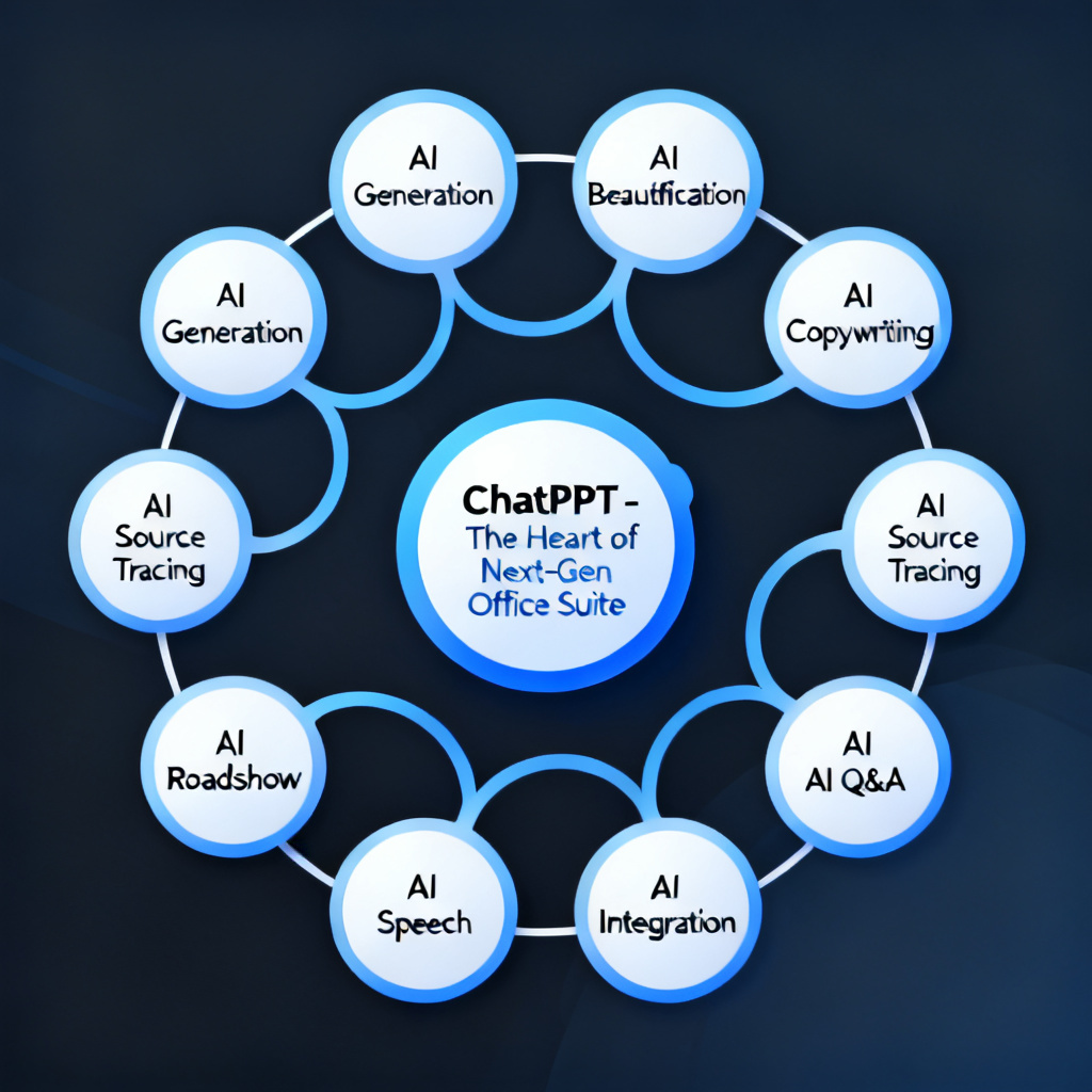 An infographic showing the '8 Core Modules' of ChatPPT as interconnected nodes: AI Generation, AI Beautification, AI Copywriting, AI Source Tracing, AI Speech, AI Roadshow, AI Q&A, AI Integration, with a central label 'ChatPPT - The Heart of Next-Gen Office Suite'