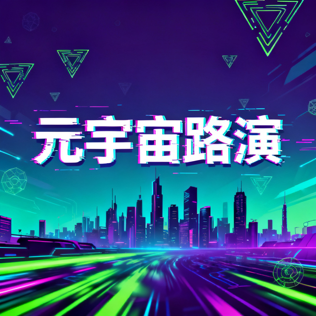 赛博朋克风格元宇宙路演PPT封面，主色调青紫与荧光绿，霓虹灯光效果，未来城市天际线背景，故障艺术文字处理，科技感几何图案装饰，动态光影过渡