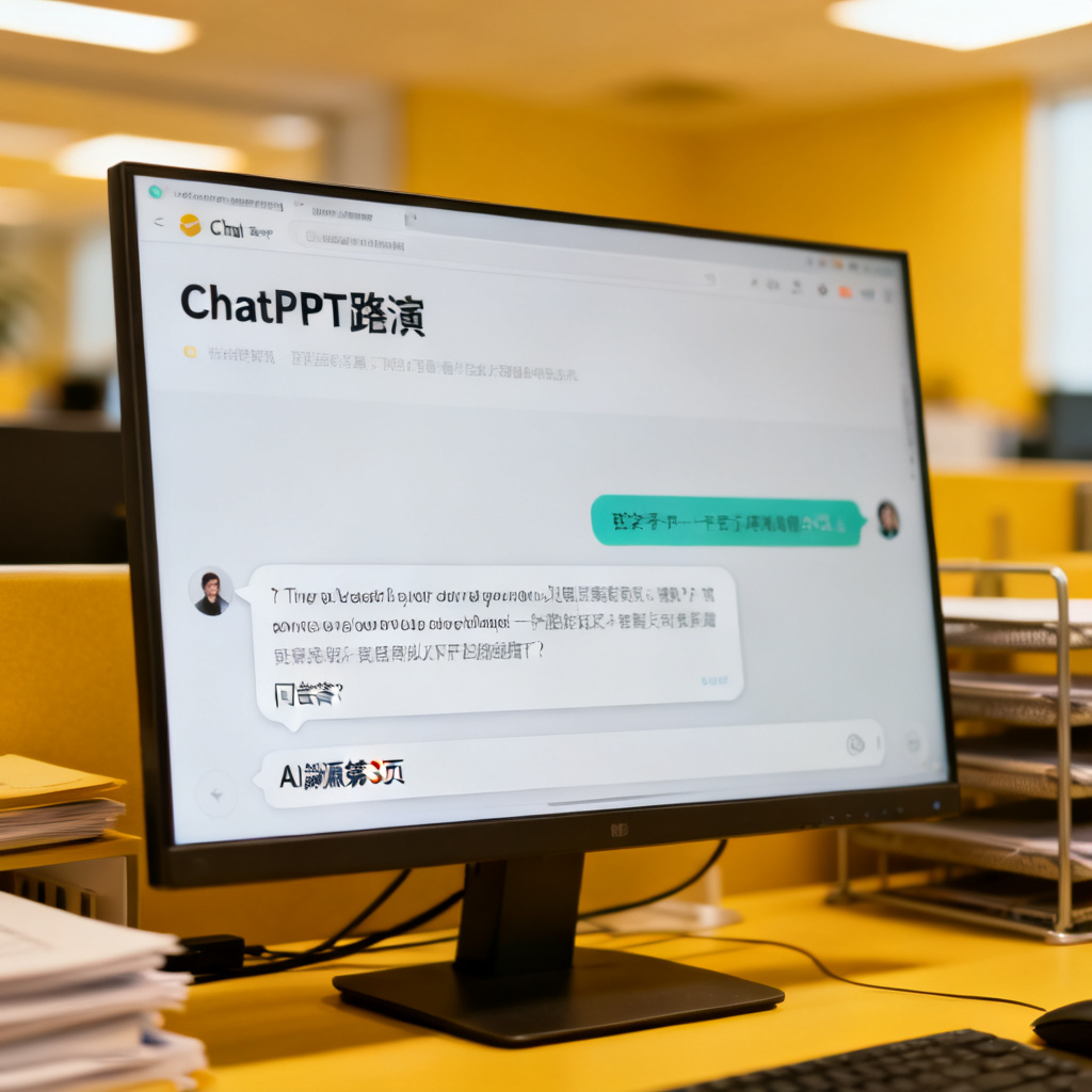 一个电脑屏幕显示ChatPPT的路演页面,页面底部有AI问答对话框,对话框中显示提问和答案,答案旁边有“溯源第3页”的标注,背景是模糊的办公环境