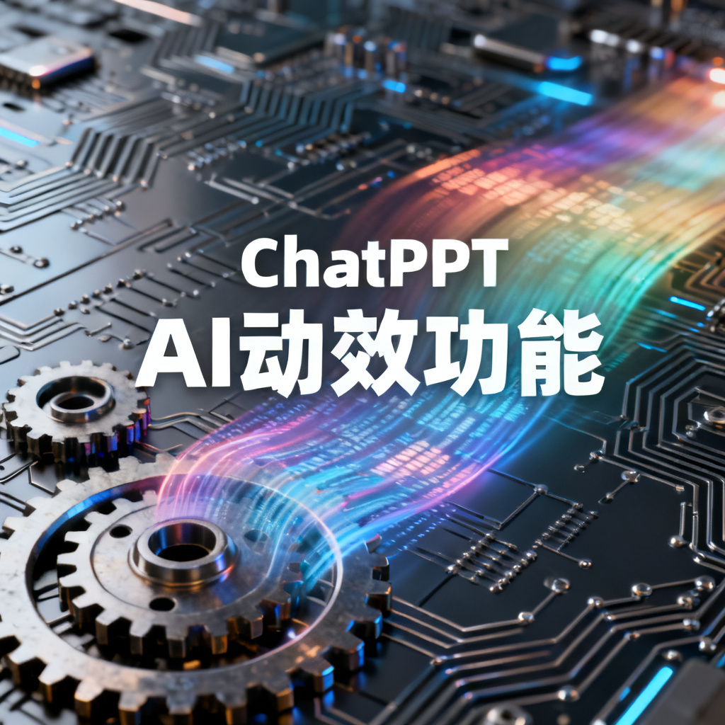 一组动态PPT幻灯片切换，元素如齿轮、数据流、渐变色彩渐次出现，科技感十足，背景为电路板纹理，展示ChatPPT的AI动效功能