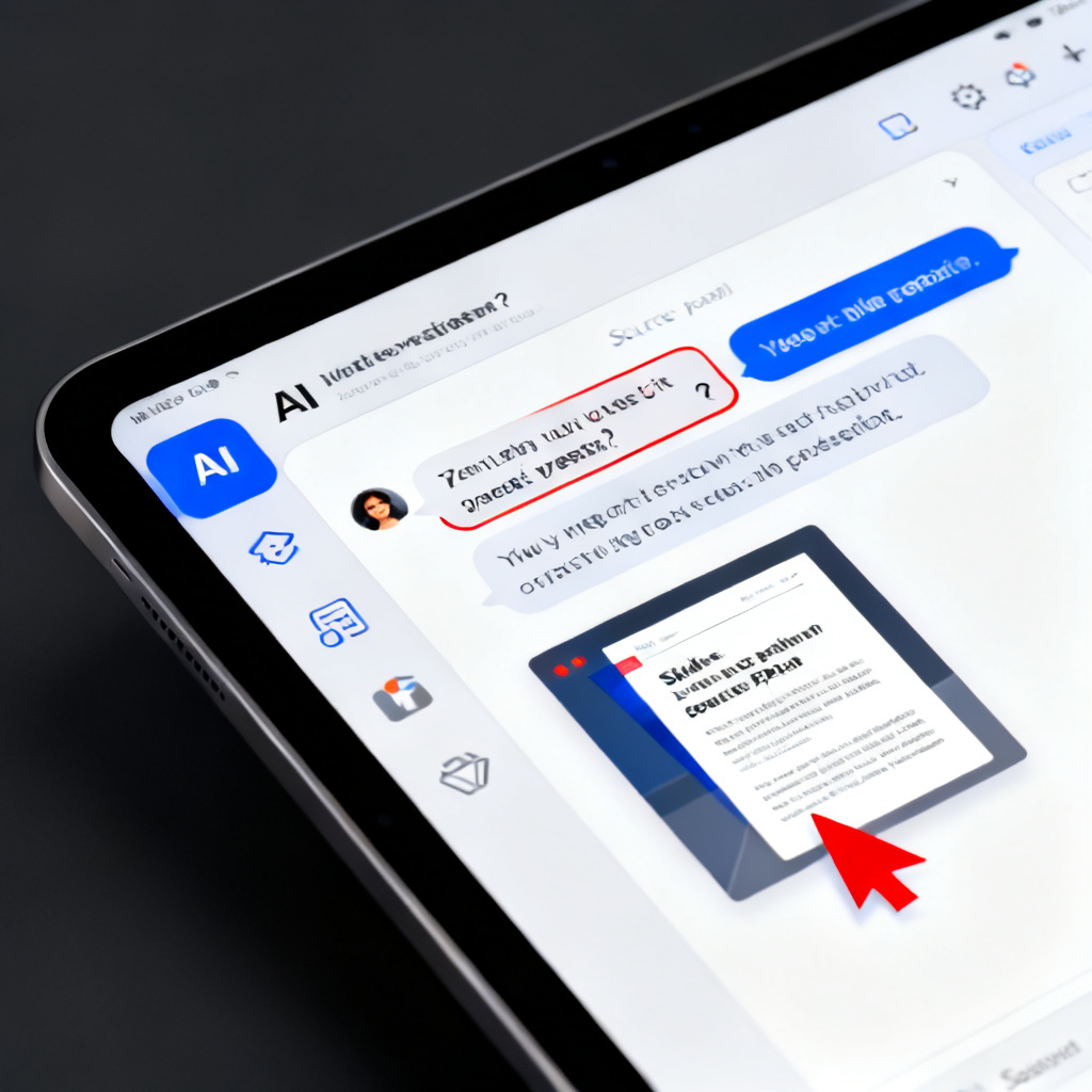 A close-up of a tablet screen showing an AI chat interface with a question and answer highlighted, a slide thumbnail with a red arrow pointing to the source page, clean UI design, professional color scheme, high contrast, detailed icons.