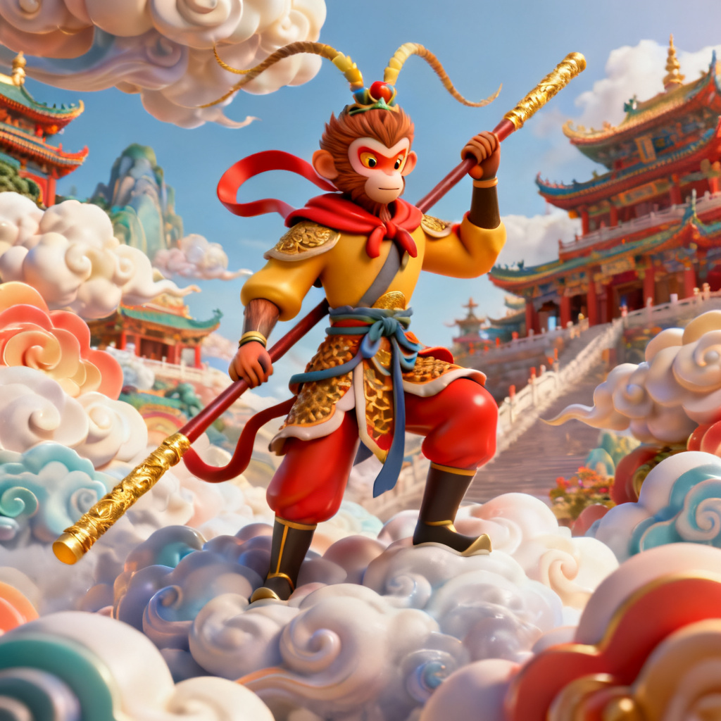 3D西游记风格，孙悟空手持金箍棒站在云端，背景是祥云与宫殿，色彩鲜艳，细节丰富，带有明显的中国风与立体感