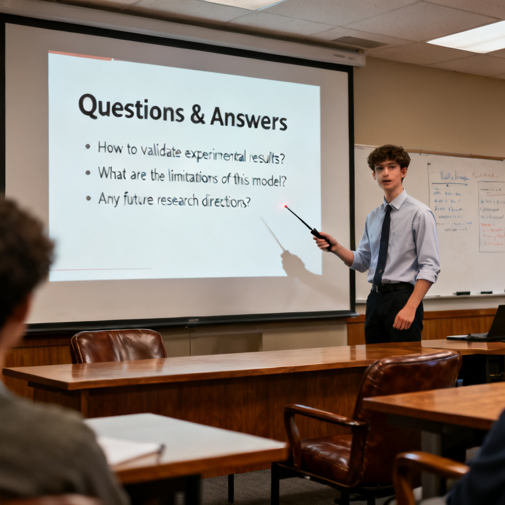 A student confidently presenting a PPT in a seminar room, with a slide showing 'Questions & Answers' and a list of potential queries, photorealistic style