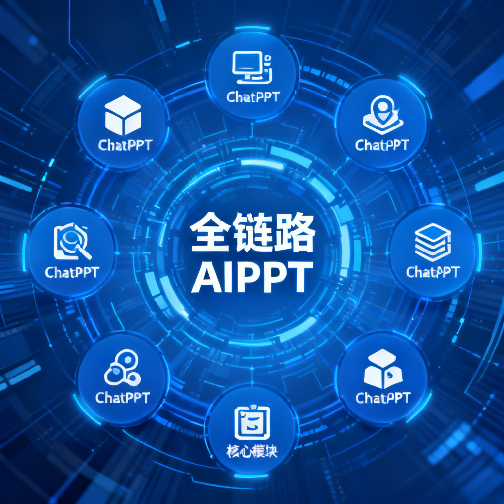 ChatPPT的8大核心模块图标环绕成一个圆环，中心是‘全链路AIPPT’字样，背景为科技感蓝色。