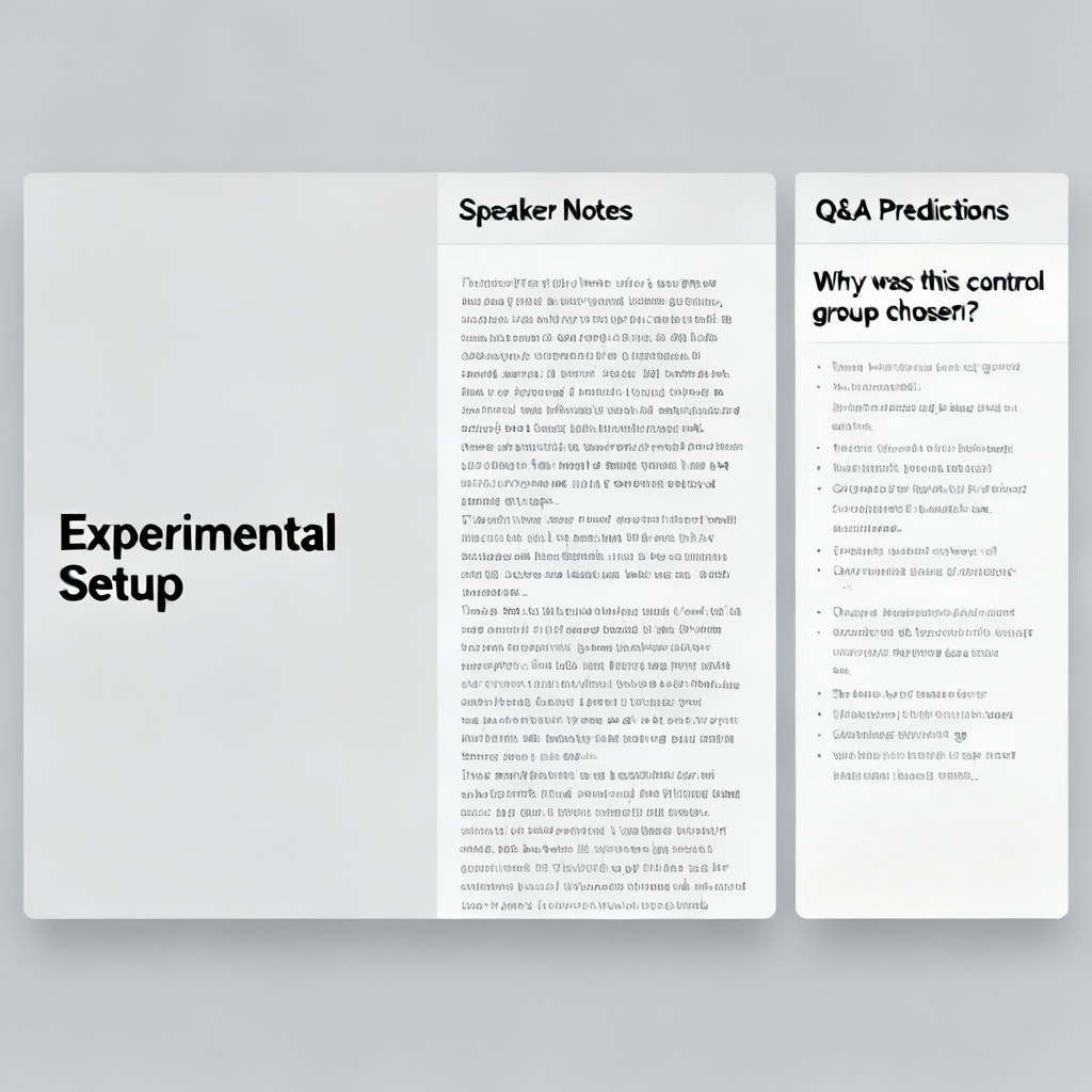 A user interface mockup showing a slide about 'Experimental Setup' on the left. On the right, there are two panels: one showing 'Speaker Notes' with a detailed, professional script, and another showing 'Q&A Predictions' with sample questions like 'Why was this control group chosen?' and suggested answers. Style: clean, modern UI.