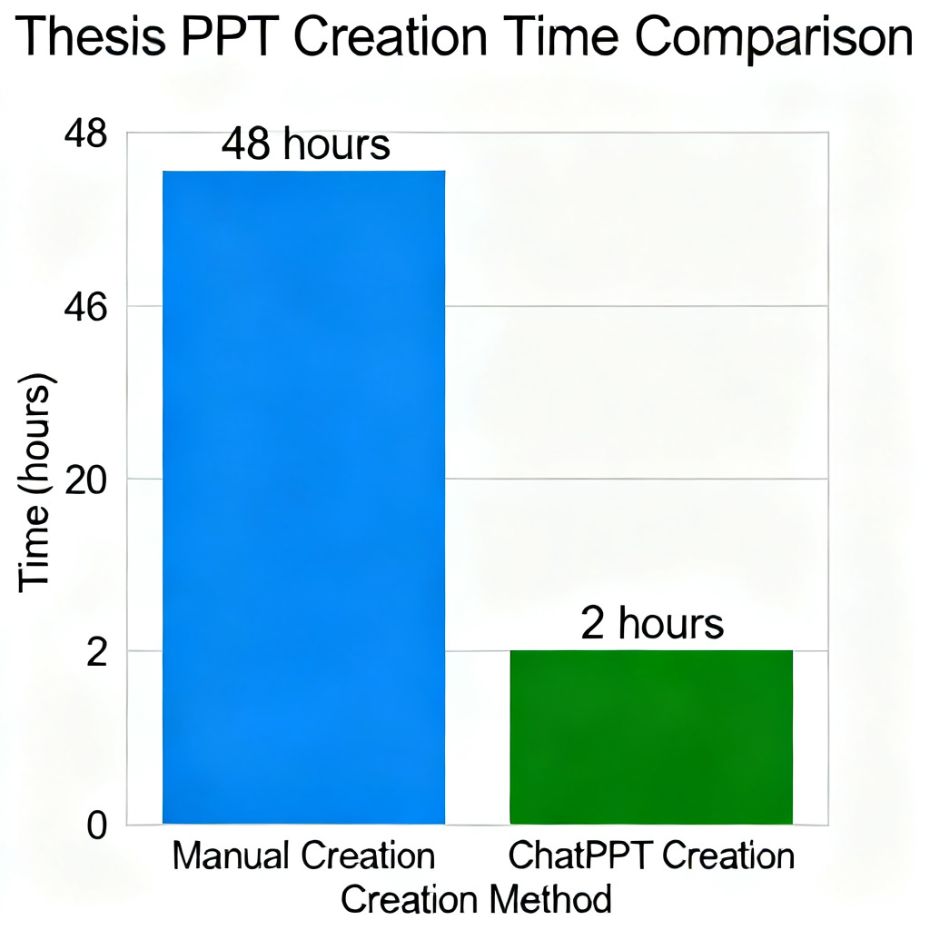 A bar chart comparing time spent on creating a thesis PPT: 48 hours manually versus 2 hours using ChatPPT, with clear labels and a professional color scheme.