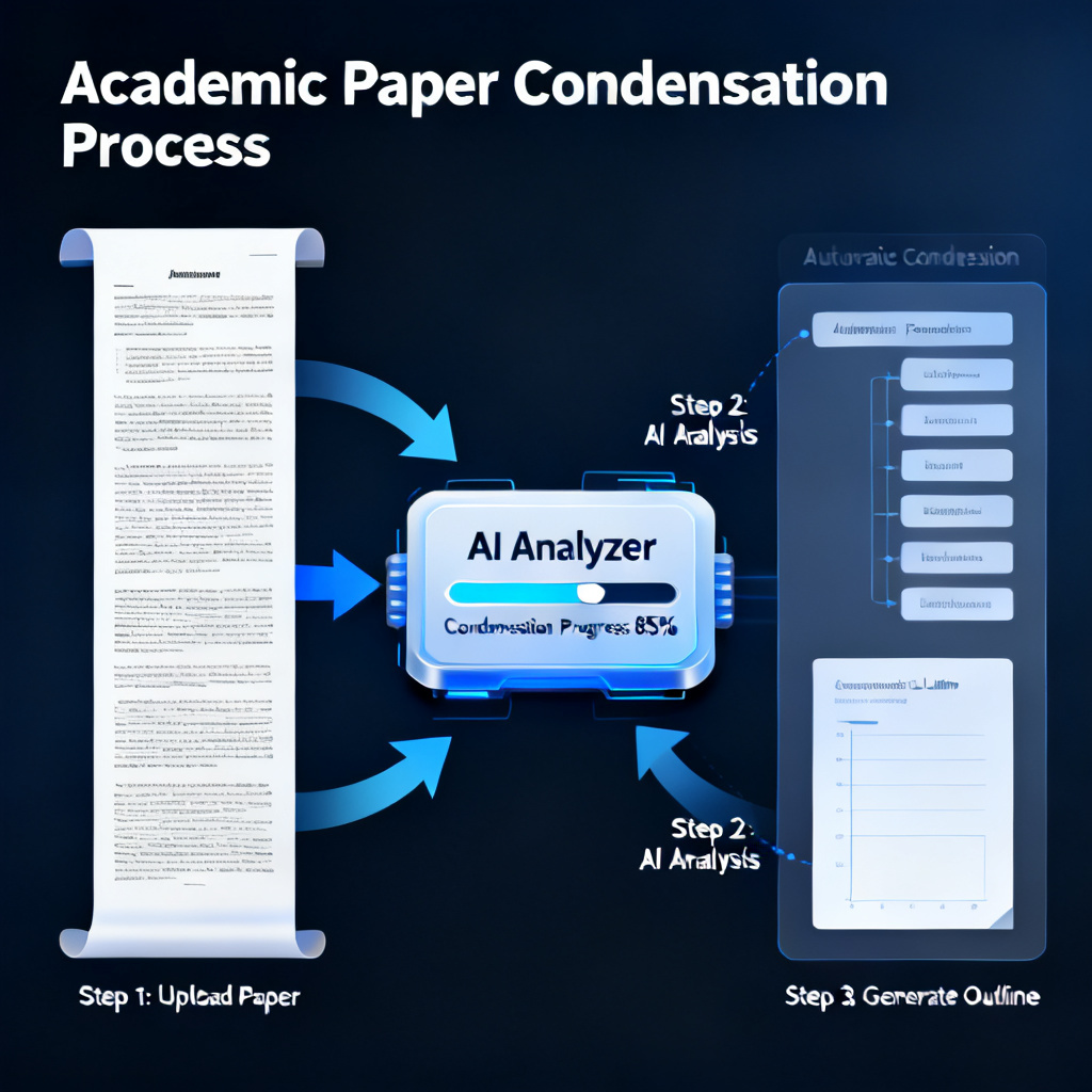 A diagram showing a long academic paper being automatically condensed into a structured presentation outline with clear logical flow, featuring a sleek AI interface