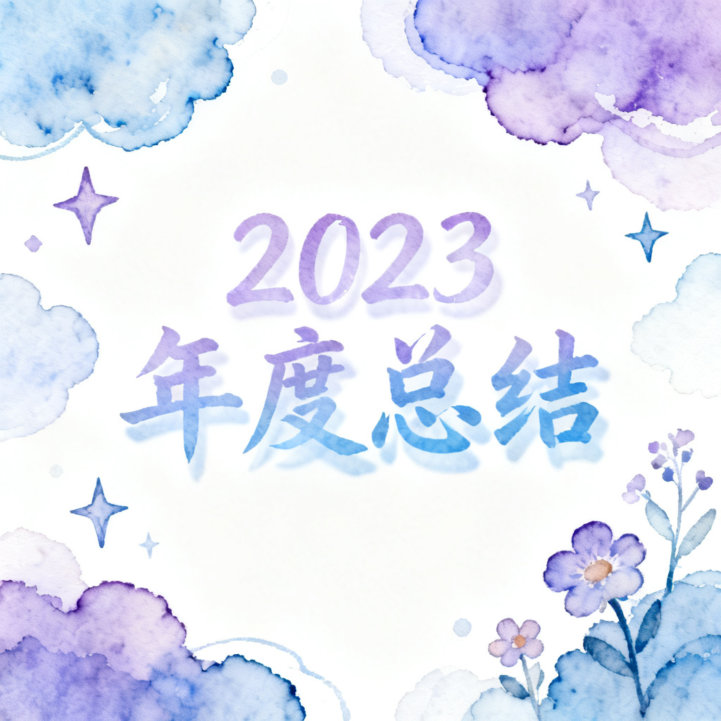 梦幻水彩风格年度总结页，晕染背景，柔和蓝紫色调，手绘风格装饰，文字半透明阴影