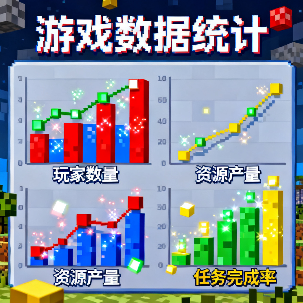 我的世界像素风的数据图表，方块元素，鲜艳色彩，游戏化界面，动态数据